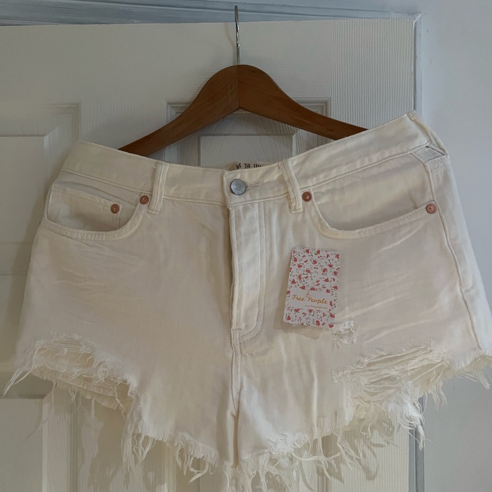 Free People Cream Frayed Hem Denim Shorts